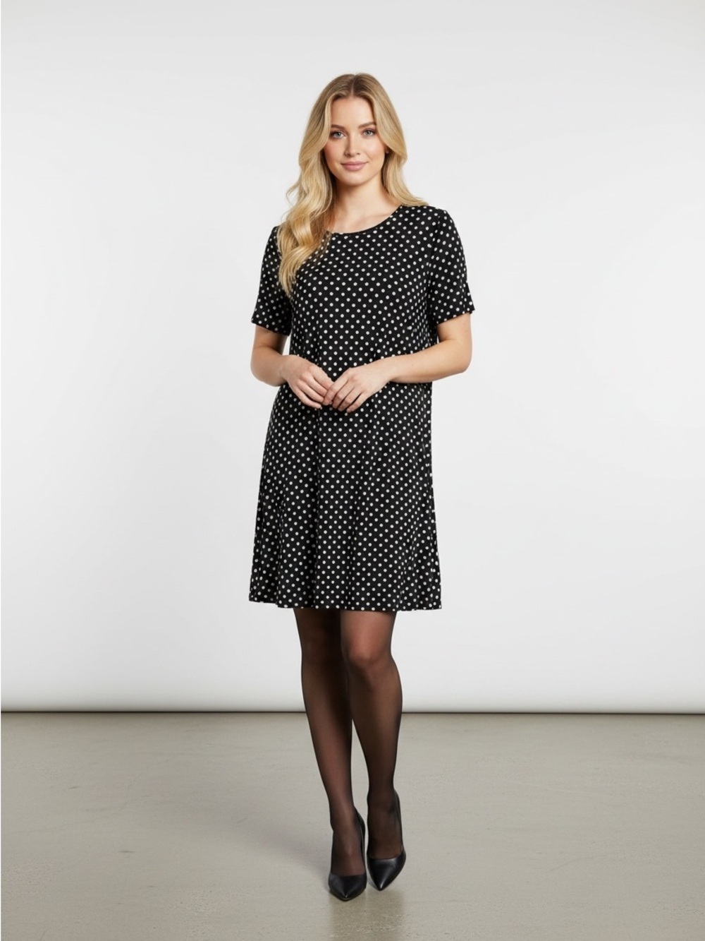 Black Polka Dot Short Sleeve Swing Dress
